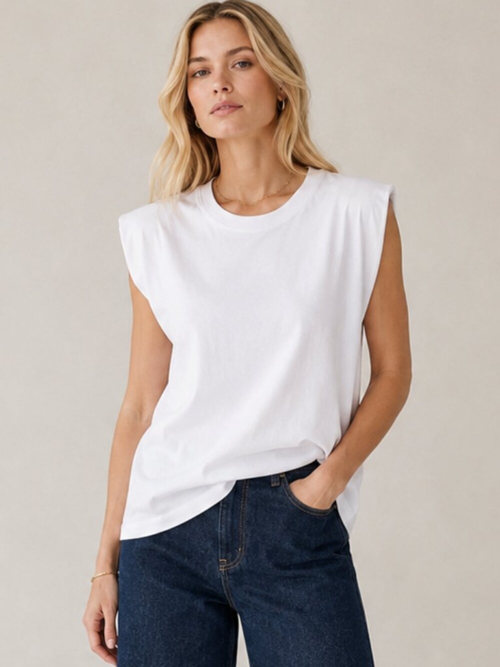 Zara White Padded Shoulder Sleeveless Cotton Muscle Tee Top Crew Neck Summer S